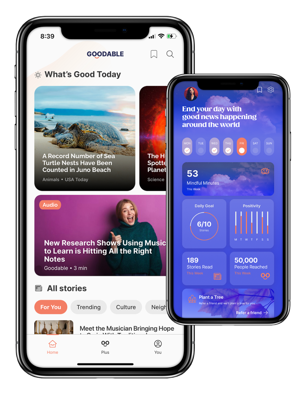 Goodable app home and dashboard screens